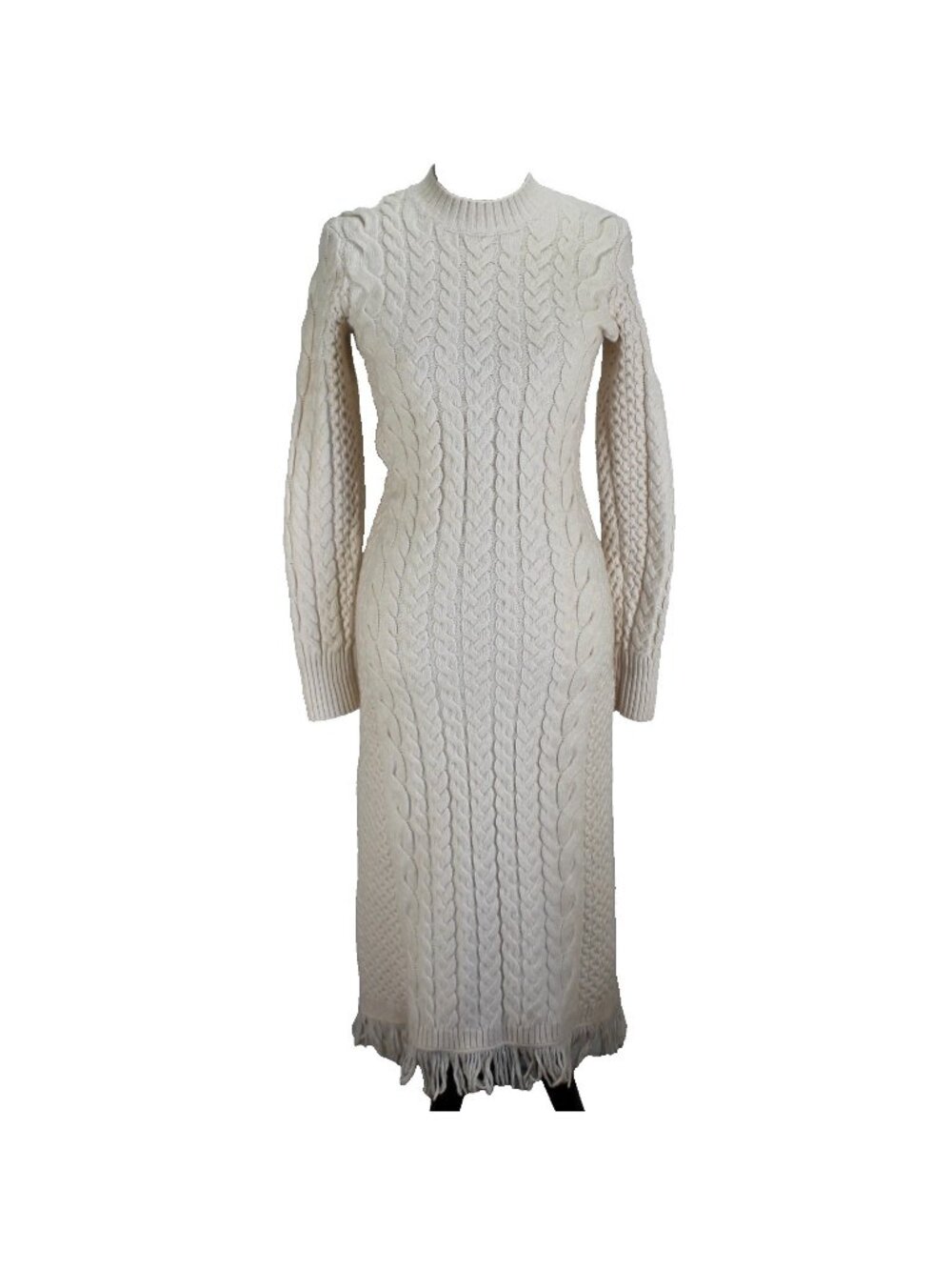 Hyacinth House Freya Sweater Dress Size XS Ivory Cable Knit Fringe Trim Midi